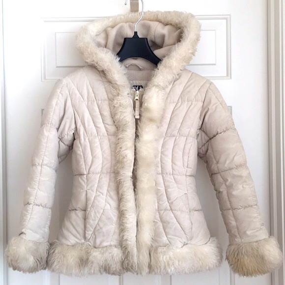 HP♥️ Triple Star Girls Puffer Jacket Small (7/8) Cream Hoodie Pockets Furry Edge - Picture 3 of 11